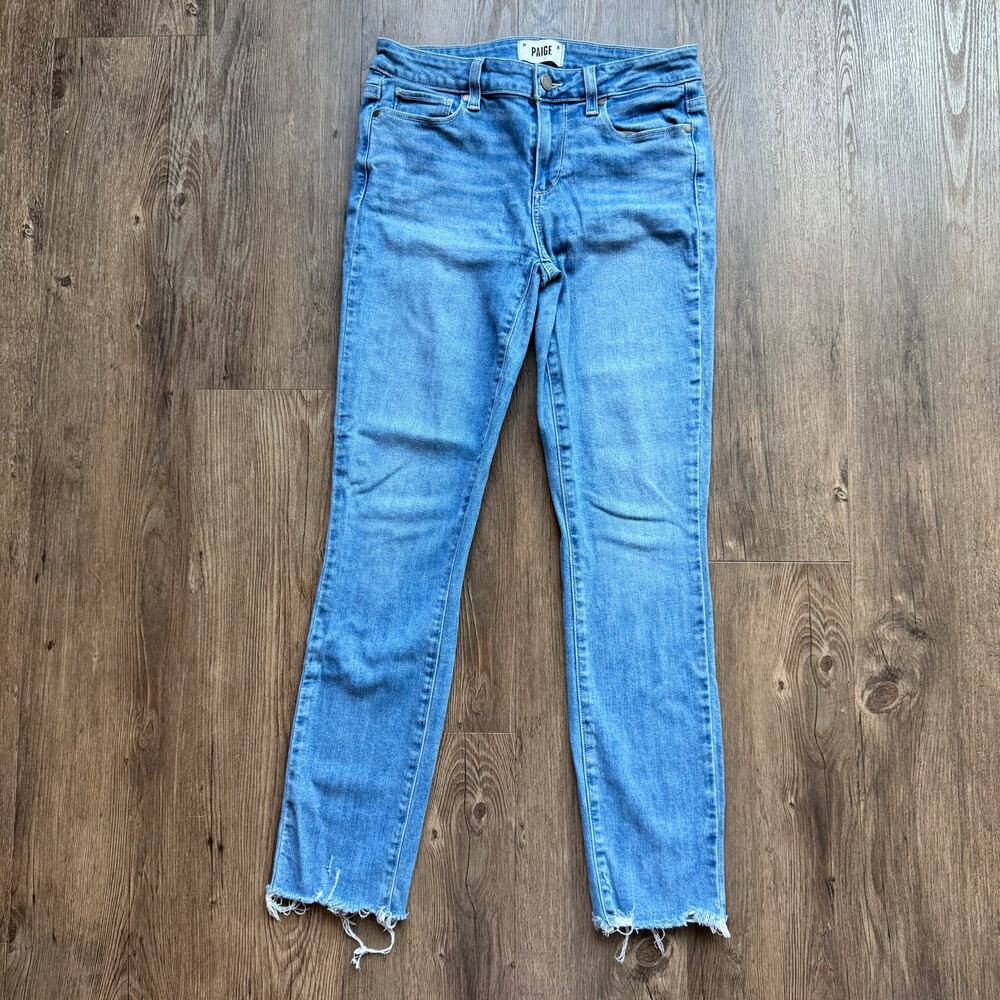 PAIGE Skyline Ankle Peg Jeans Womens Sz 28 Bella Blu Distressed Raw Hem Mid Rise